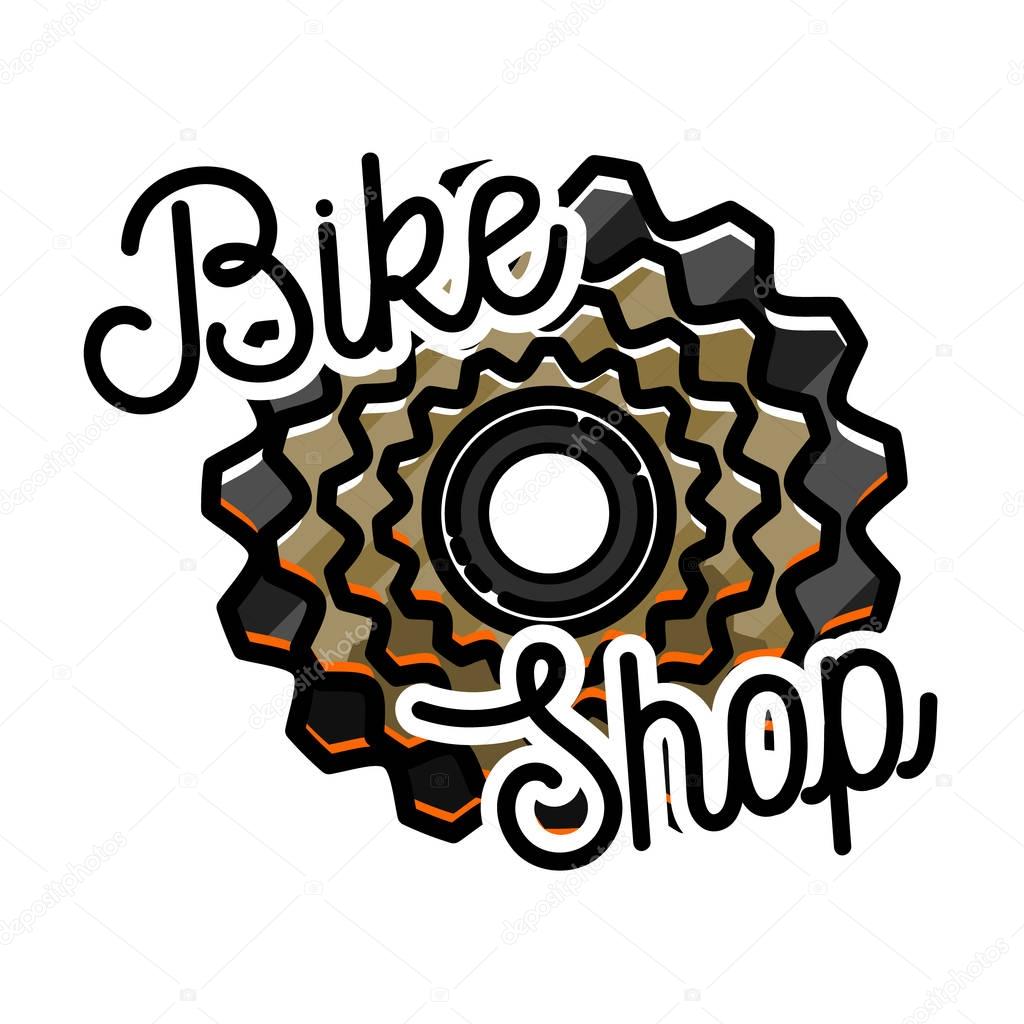 Color vintage bike shop emblem, label, badge and design elements. Old style bicycle shop and repair logotypes