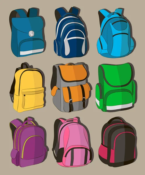 Ensemble de sacs à dos scolaires colorés — Image vectorielle