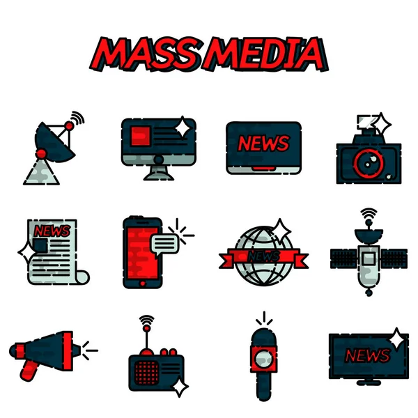 Massamedia platte icons set — Stockvector