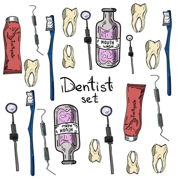 Conjunto de Dentista com diferentes equipamentos odontológicos — Vetor de Stock