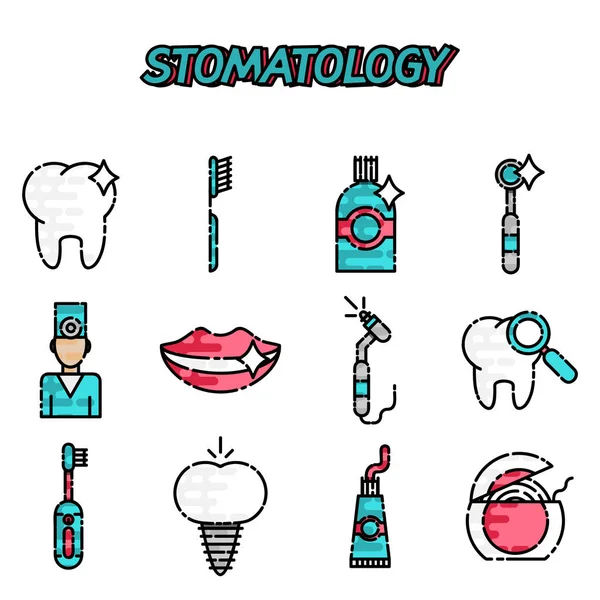 Стоматологія, протезування зубів набір плоских іконок — стоковий вектор