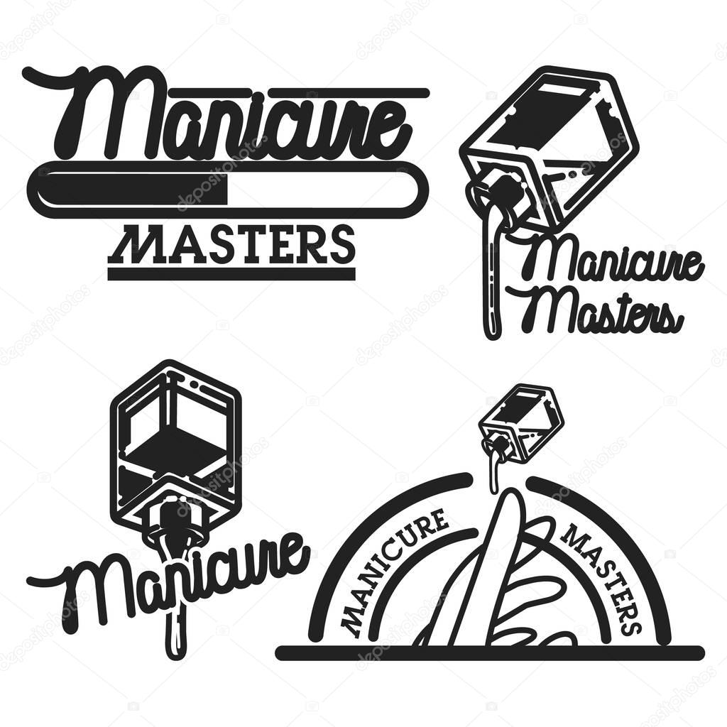 Vintage manicure emblems, labels, badges and logos in monochrome style on white background