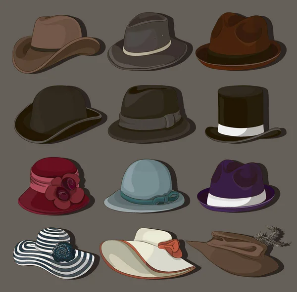 Ensemble vectoriel de chapeaux homme et femme — Image vectorielle