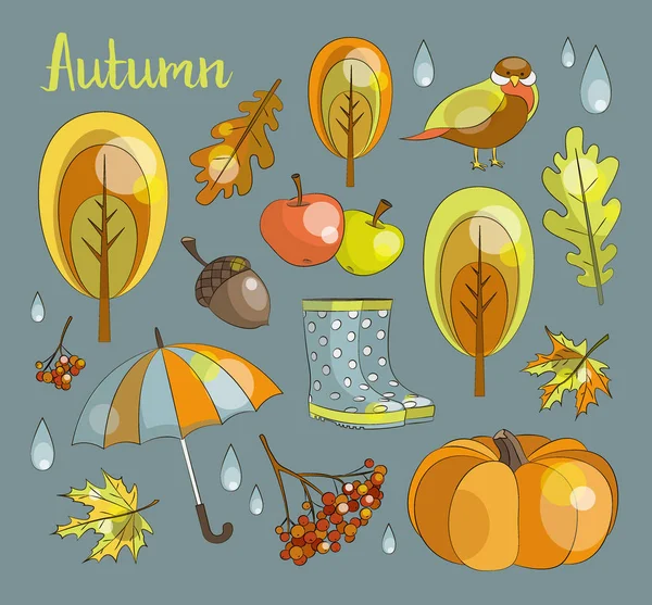 Otoño icono y objetos establecidos — Vector de stock