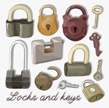 Doodled kümesi farklı kilitler ve anahtarları