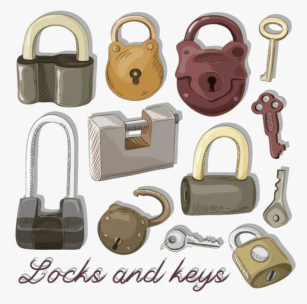 Doodled uppsättning olika lås och nycklar — Stock vektor