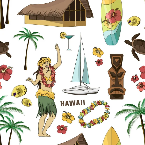 Hawaiian, Hawaii ingesteld patroon — Stockvector