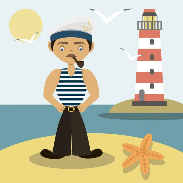 Denizci bir boru ve bir deniz feneri ile — Stok Vektör