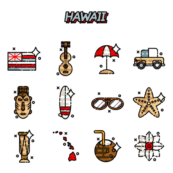 Hawaii set icone piatte — Vettoriale Stock