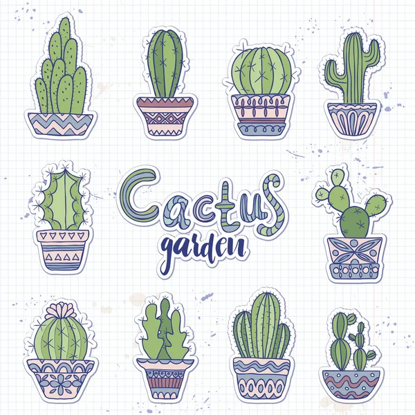 かわいい手描きベクトル cactuse セット — ストックベクタ