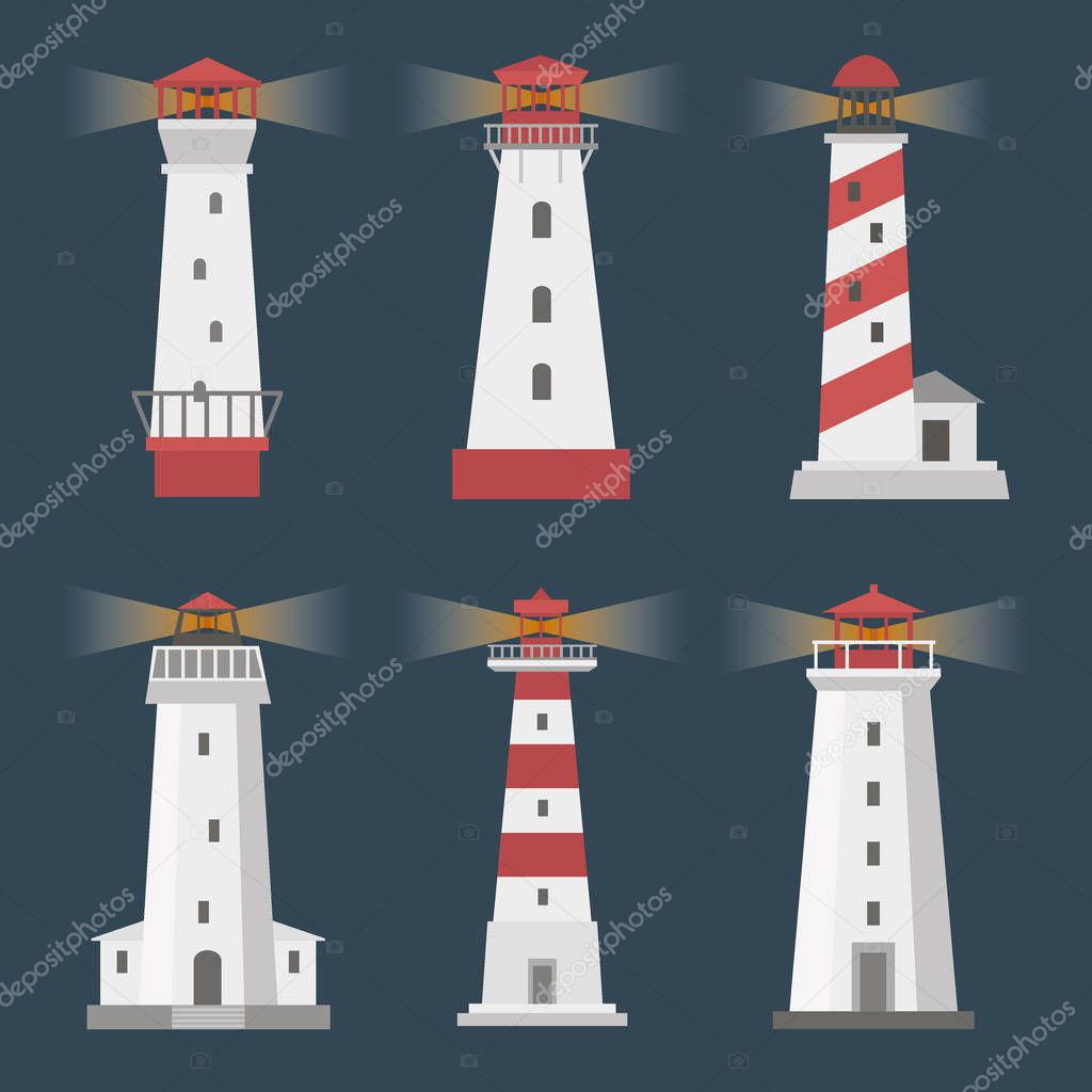 Vector set of cartoon flat lighthouses