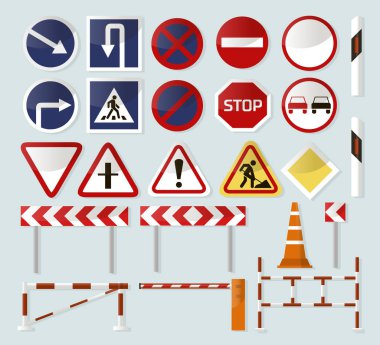 Yol engelleri ve işaretler izometrik detaylı simge seti, vektör grafik illüstrasyon tasarımı