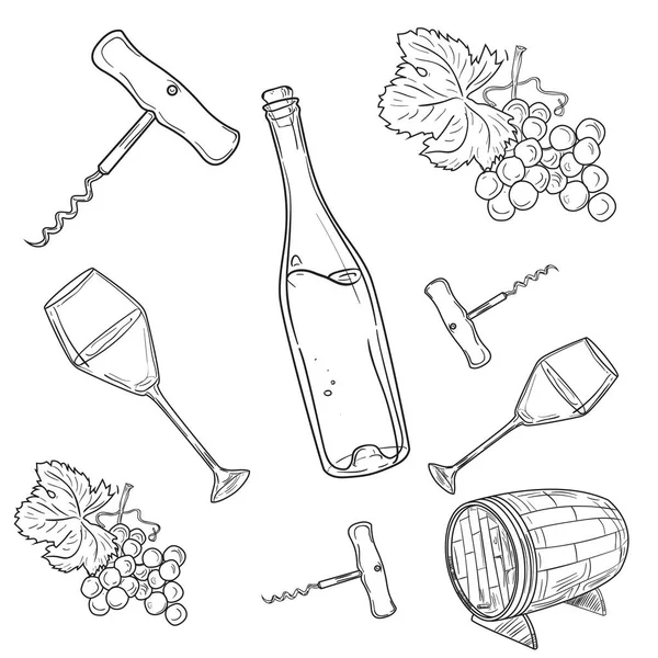 手描きベクトル セット - ワインとワイン — ストックベクタ