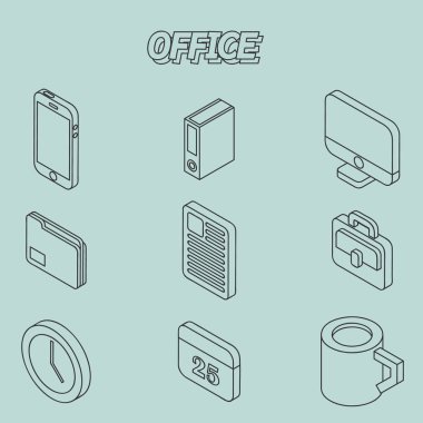 Office düz anahat izometrik küme. Vektör çizim, Eps 10