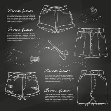 Kadın rahat kıyafetler, etek ve şort kümesi. Bir kara tahta üzerinde basit düz vektör çizim