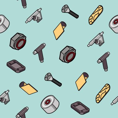 Kaykay yedek parça klavye ve yedek parça desen. Klavye ve ekipman, fingerboarding sokak stil öğeleri kümesi. Koleksiyon simgeler klavye. Vektör çizim.