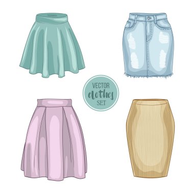 Color set of woman casual skirts. Simple flat vector illustration clipart