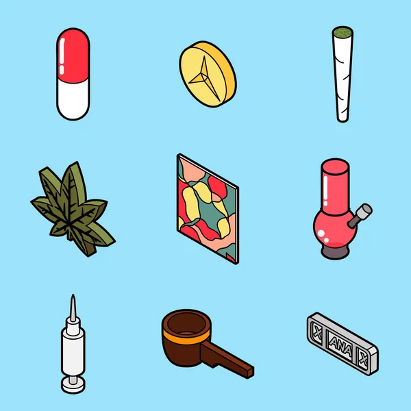 Drogas Esquema Plano Iconos Isométricos Como Píldora Medicina Ilustración Vectorial — Vector de stock