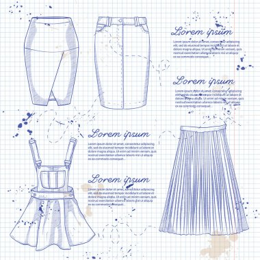 Kadın rahat etek ve genel elbise kümesi. Basit düz vektör çizim bir defter sayfası