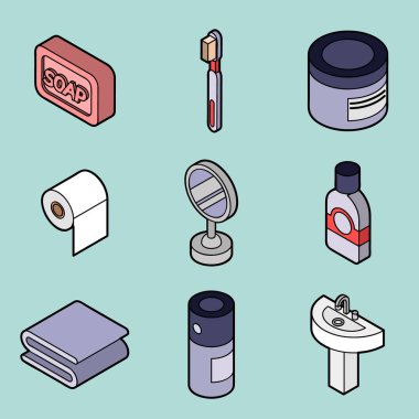 Kişisel hijyen düz outine izometrik ayarlayın. Vektör çizim, Eps 10