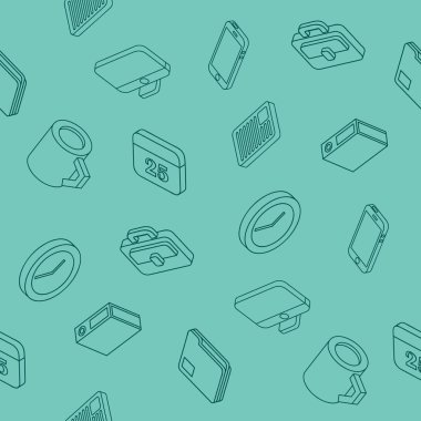 Office düz anahat izometrik desen. Vektör çizim, Eps 10