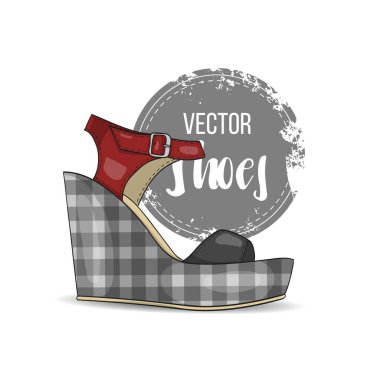 Vektör renk bayan sandalet ekose kumaş ile kama üzerinde. Moda stil.