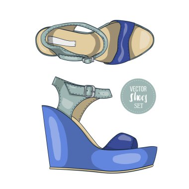 Vektör renk bayan sandalet kama üzerinde. Moda stil.