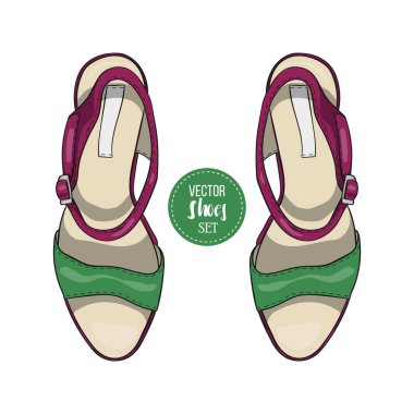 Renk kadın iki renk sandaletler kama üzerinde vektör. Moda stil.
