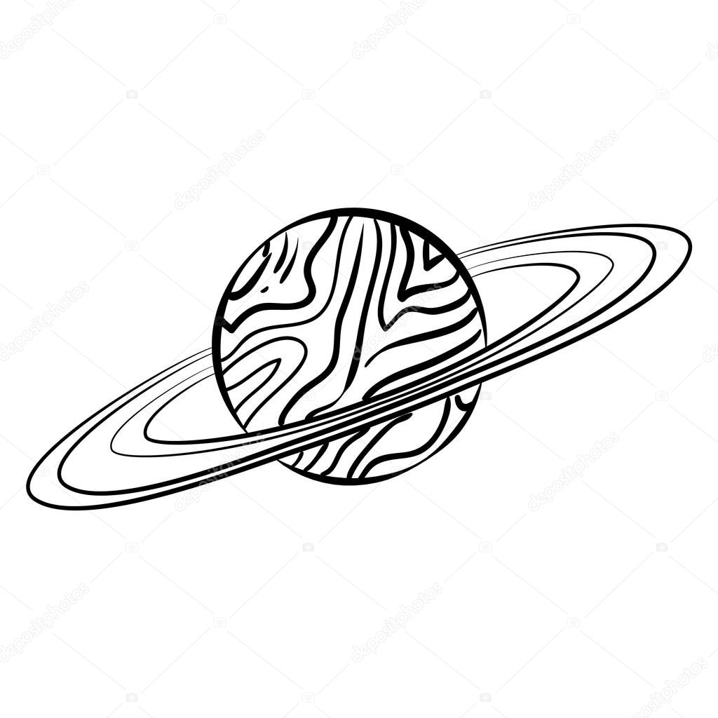 Vector outline Saturn planet with rings on white background.