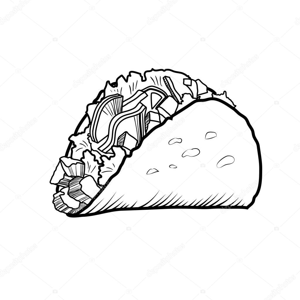 Sketch hand drawn illustration of taco. Mexican fast food. Vector monochrome illustration.