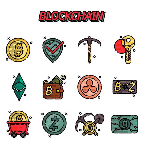 Blockchain Set Icone Piatte Tema Criptovaluta Illustrazione Vettoriale Eps — Vettoriale Stock