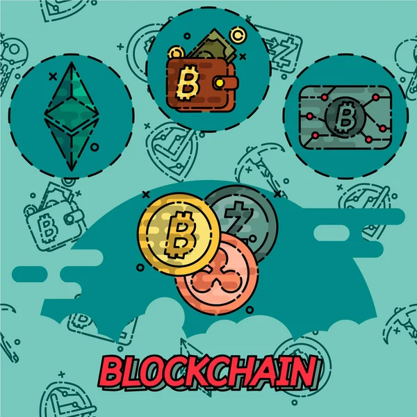 Blockchain Icone Concetto Piatto Tema Criptovaluta Illustrazione Vettoriale Eps — Vettoriale Stock