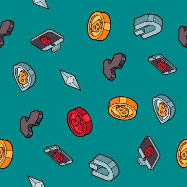 Cryptocurrency düz anahat izometrik desen. Vektör çizim, Eps 10