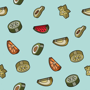 Meyve düz anahat izometrik desen. Sevimli vektör arka plan. Parlak yaz meyve illüstrasyon. Kumaş ve dekor tasarım meyve karışımı.