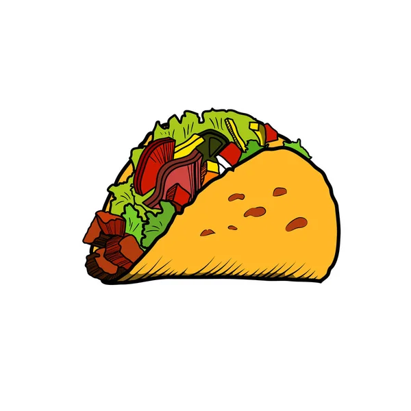 Sketch Tangan Digambar Ilustrasi Warna Taco Makanan Cepat Saji Meksiko - Stok Vektor