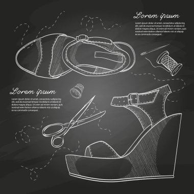 Vektör el çizilmiş kroki, Bayan sandalet kama tebeşir tahtası üzerinde