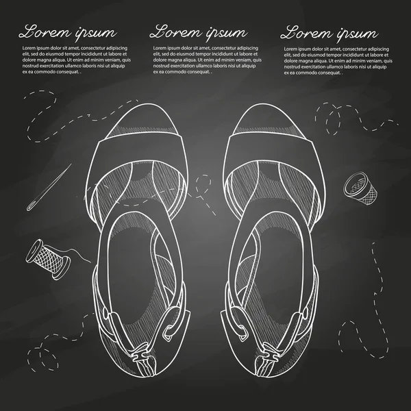 Vektör el çizilmiş kroki, Bayan sandalet orta topuk tebeşir tahtası üzerinde