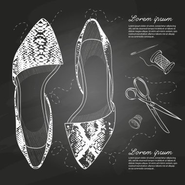 Vektör el çizilmiş kroki, Bayan sürüngen deri sivri ayak bale bir tebeşir tahtada düz