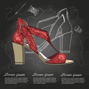 Vektör el çizilmiş kroki, Bayan sürüngen deri sandalet tebeşir tahtası