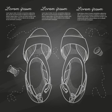 Vektör el çizilmiş kroki, Bayan sandalet orta topuk tebeşir tahtası üzerinde