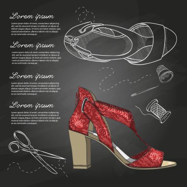 Vektör çizim, Bayan sürüngen deri sandalet orta topuk tebeşir tahtası üzerinde