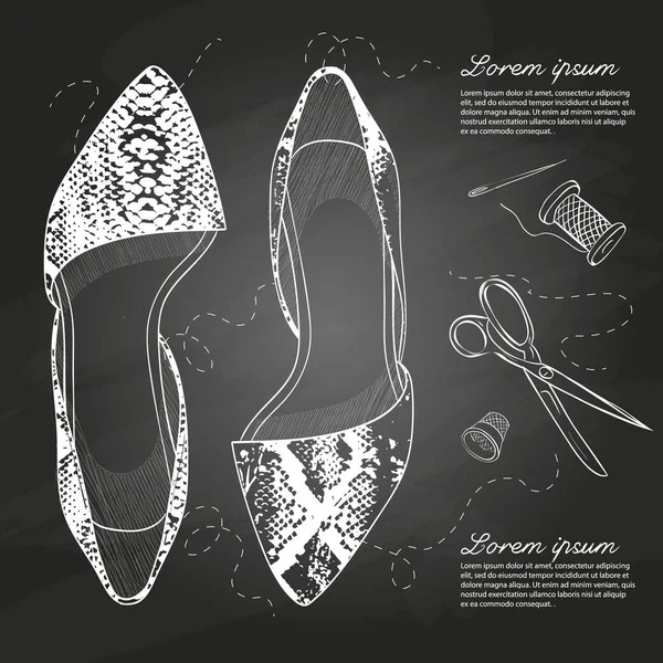 Vektör el çizilmiş kroki, Bayan sürüngen deri sivri ayak bale bir tebeşir tahtada düz