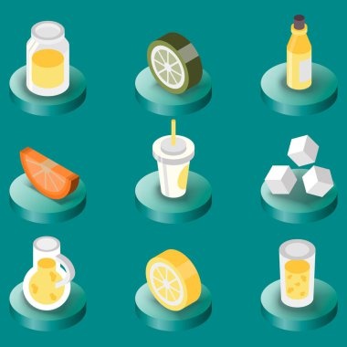 Limonata düz izometrik ayarlayın. Yaz limonata meyve ile. Vektör çizim, Eps 10