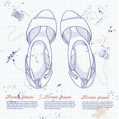 Vektör el çizilmiş kroki, Bayan sandalet bir not defteri sayfası bir orta topuk üzerinde