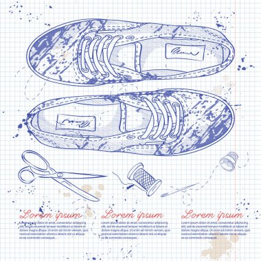 Vektör el çizilmiş kroki, bir not defteri sayfası üzerinde bir leke Desenli Bayan spor ayakkabı