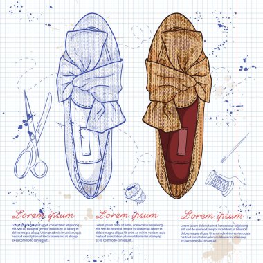 Vektör elle çizilmiş kroki, düğüm üzerinde bir not defteri sayfası ile Bayan Tekstil bale daireler