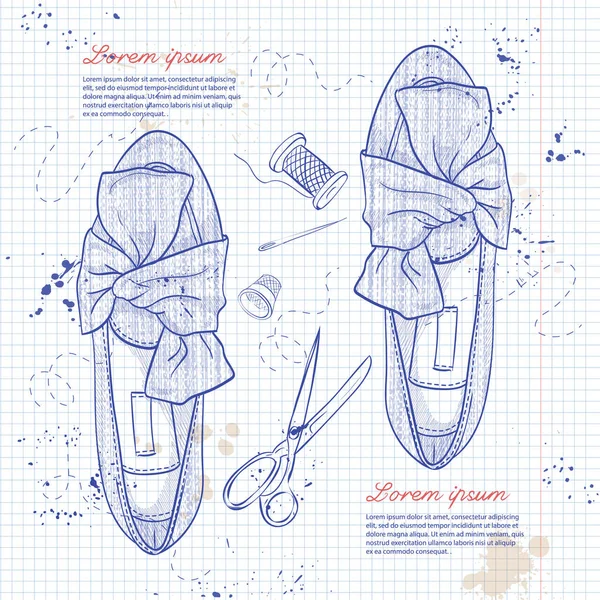 Vektor Gambar Tangan Sketsa Wanita Balet Flat Dengan Simpul Pada - Stok Vektor