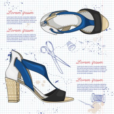 Sketch vektör, Bayan deri sandalet bir not defteri sayfası bir orta topuk üzerinde renk