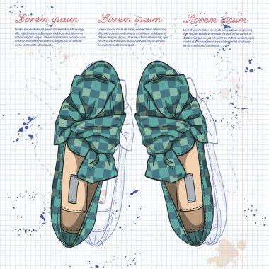 Sketch vektör, Bayan ekose kumaş bale daireler düğüm üzerinde bir not defteri sayfası ile renk