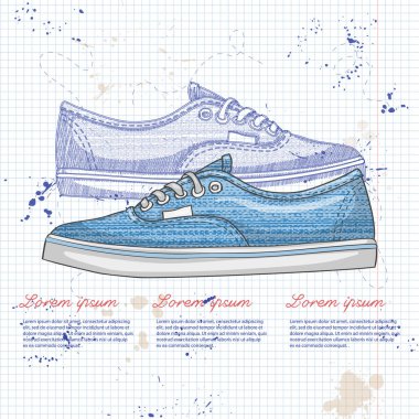 Vektör çizimi, defter sayfasına renk Bayan spor ayakkabı